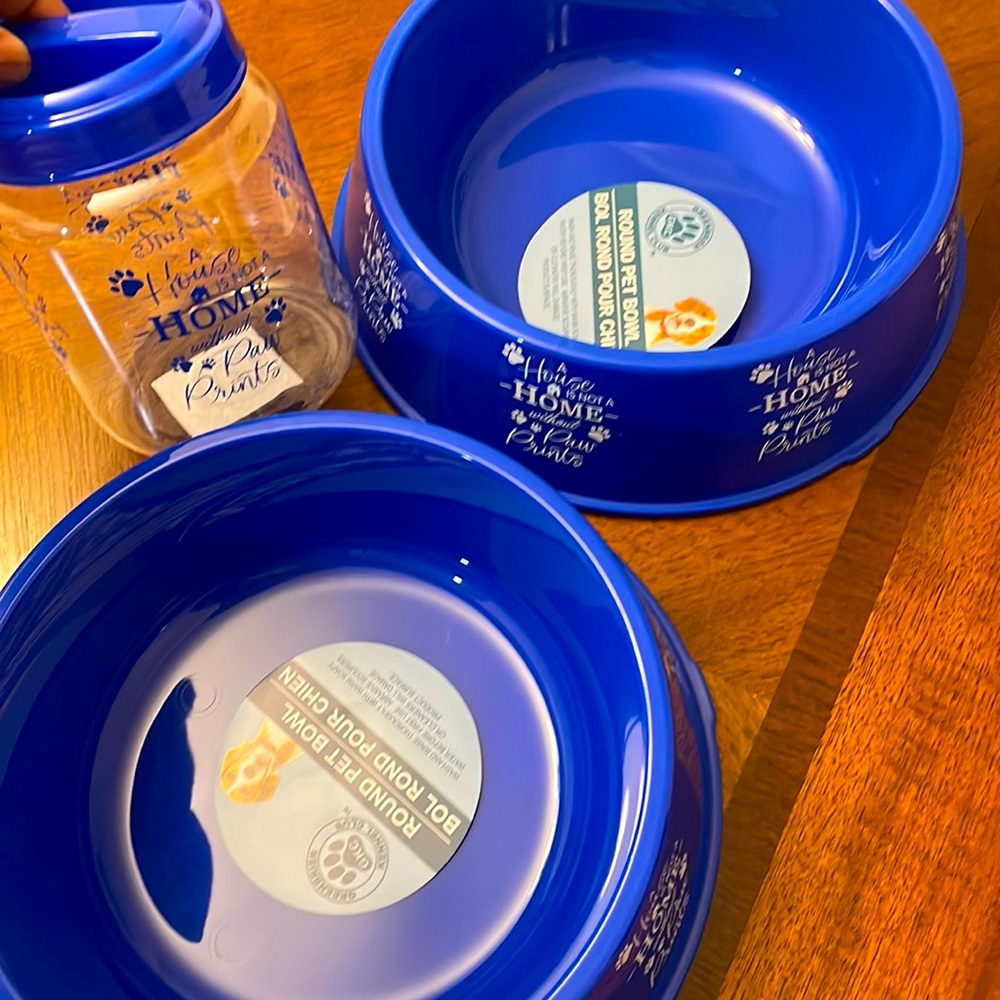 New Blue large dog bowls(2) & small pet food plastic jar